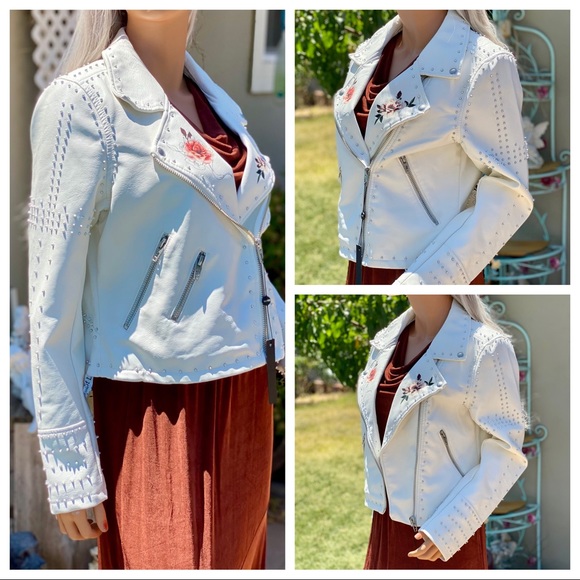 🎉HOST PICK🥳 NWT Blank NYC Floral Stud Trendy Zip Moto Bomber Crop Jacket - Picture 3 of 16